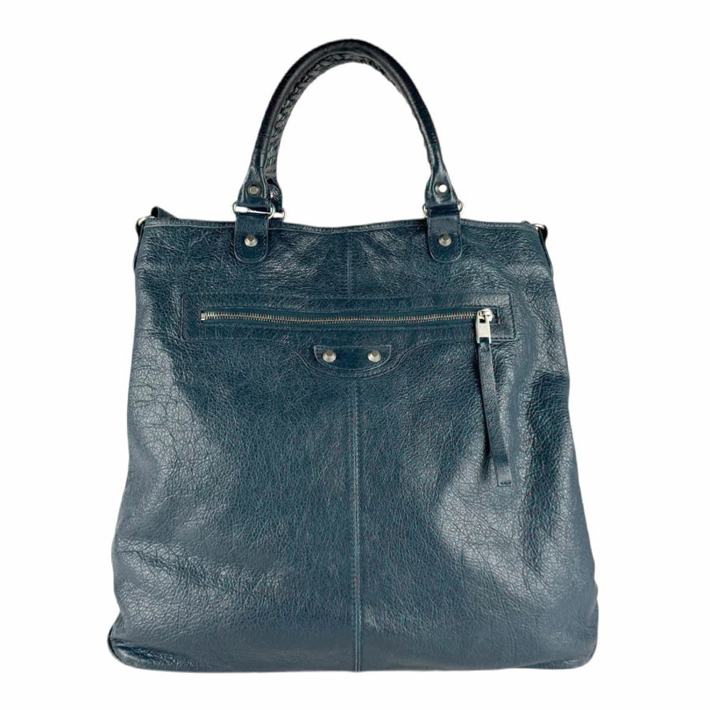 Balenciaga 2way Shoulder Bag Smart Tote Leather Navy Blue Silver